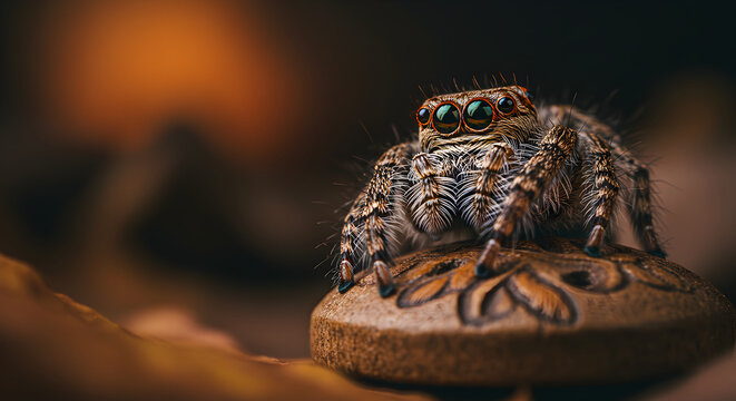 Macro Photograph of a Detailed and Beautiful Jumping Spider Posed