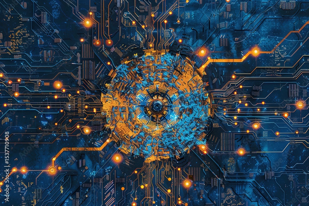 Poster complex circuit board design with central sphere and intricate network of pathways