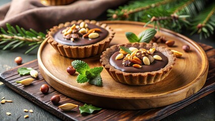 Delicious Chocolate Tarts with Mixed Nuts and Mint Garnish on Wooden Plate