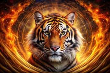 Majestic Tiger Portrait Enveloped in Fiery Cosmic Nebula
