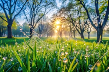 Morning Dewdrops Adorn a Spiderweb in a Sunlit Meadow, Sparkling with Natural Beauty and Serenity