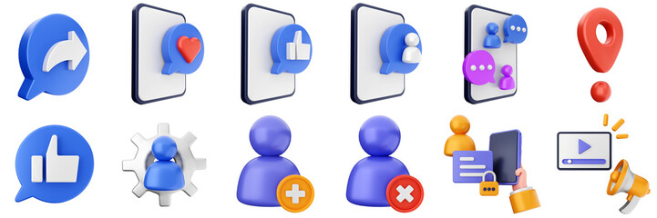 3d social media network marketing application smartphone share like love follow online posting icon set bundle illustration