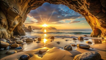 Serene Coastal Cave at Golden Hour, Sunbeams Illuminating the Sandy Beach and Rolling Waves