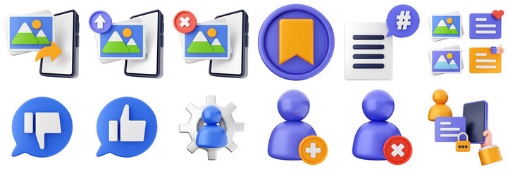 3d social media network marketing application smartphone share like love follow online posting icon set bundle illustration