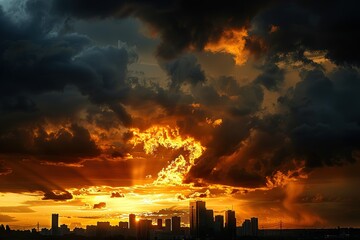 Obraz premium Dramatic sunset cityscape with fiery sky and silhouette of a cityscape beneath it