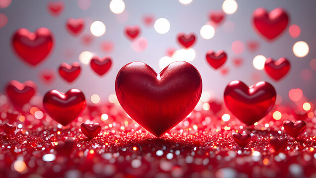 Red hearts floating on sparkling glitter background