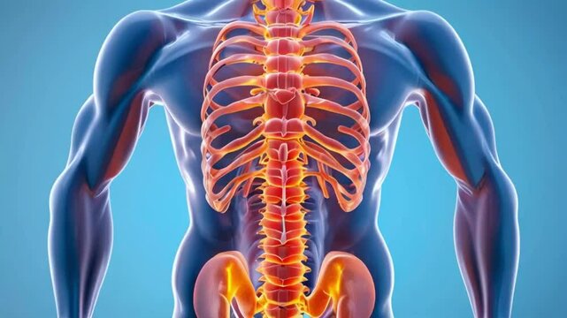 3D rendering of a mans spinal curvature and hernia seeking medical help. Concept Medical Illustration, Spinal Curvature, Herniated Disc, 3D Rendering.