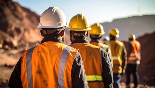 Workers in protective gear at a quarry