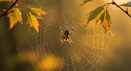 Spider in its Web with Leaves in the Background Captured in Golden Sunlight