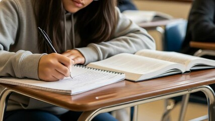 Teenage girl student writing notes in her notebook while studying diligently in a high school classroom, focusing on her lessons and absorbing knowledge for academic success - Powered by Adobe