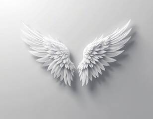 Obraz premium A pair of detailed white angel wings with layered feathers, symmetrically spread against a light gray background.