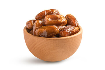 Dry date palm in wooden bowl isolated on white background.