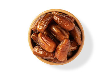 Bowl of dried dates isolated on white background, top view