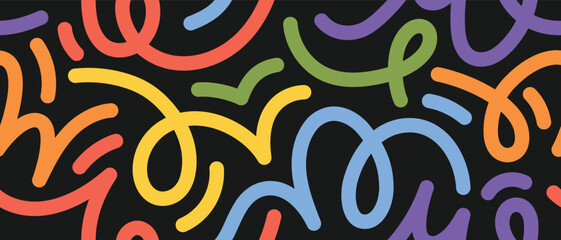 Whimsical abstract design with colorful curved lines and symbols. Seamless vector pattern for stationery, textile design, web backgrounds, and packaging
