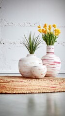 White and Red Striped Vases with Yellow Flowers on a Jute Rug