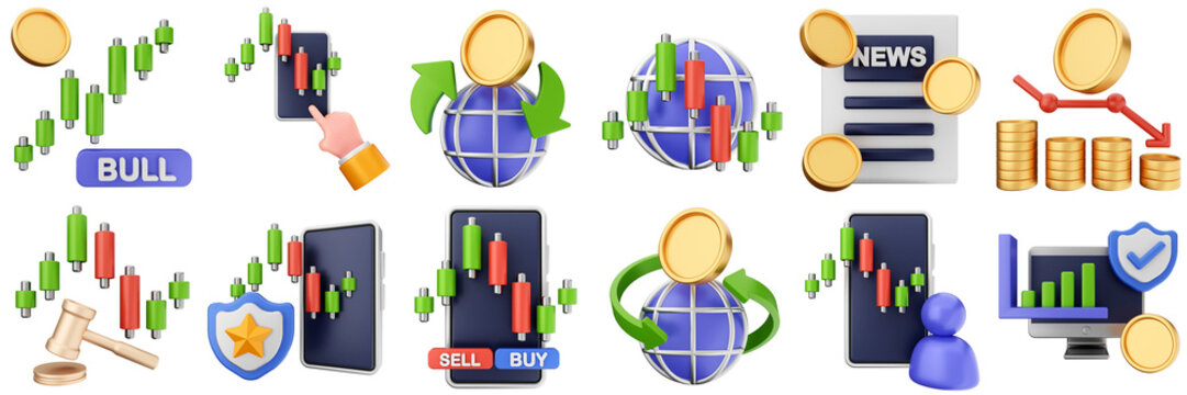 3d trading chart arrow increase decrease income profit finance icon set bundle illustration