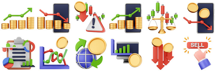 3d trading chart arrow increase decrease income profit finance icon set bundle illustration