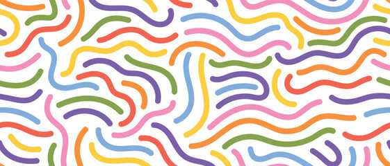 Playful squiggly line pattern in rainbow colors on white background. Bright seamless design for wallpapers, stationery, and party decor.