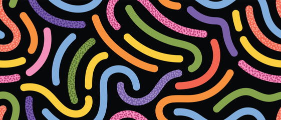 Whimsical abstract design with colorful curved lines and symbols. Seamless vector pattern for stationery, textile design, web backgrounds, and packaging. Rainbow colors.
