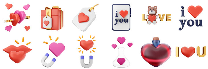 3d valentines day love heart romance present gift box 14 february icon set bundle illustration