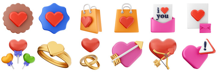 3d valentines day love heart romance present gift box 14 february icon set bundle illustration