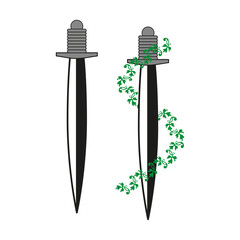 Sword icon vector. Dagger symbol form. Ivy wrapped blade. Black and green.