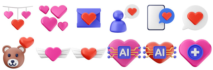 3d valentines day love heart romance present gift box 14 february icon set bundle illustration