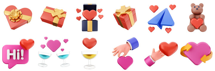 3d valentines day love heart romance present gift box 14 february icon set bundle illustration