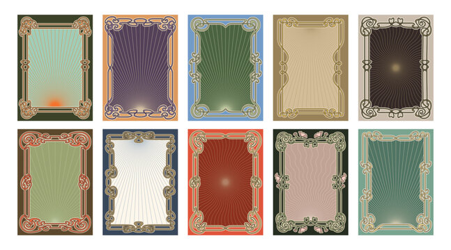 Set of ten ornate Art Nouveau vintage frames with sunburst patterns, elegant floral curves, and retro color schemes. Decorative ornaments, art nouveau.