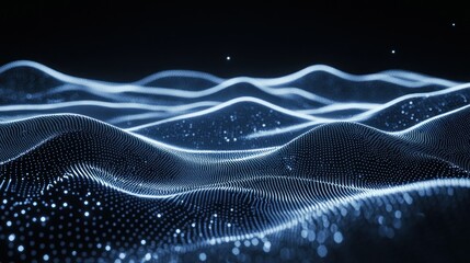 Abstract glowing wave landscape with digital particles on a dark background