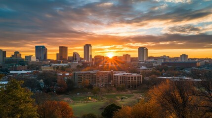 Birmingham Alabama downtown skyline shimmering during the golden hour sunset