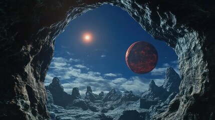 Otherworldly vista from cave entrance revealing an alien planet landscape