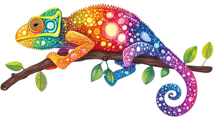 Rainbow Colored Cartoon Chameleon Camouflaging on Branch Isolated on White Background