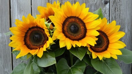 Radiant Sunflowers Against a Rustic Wooden Backdrop Bringing Warmth