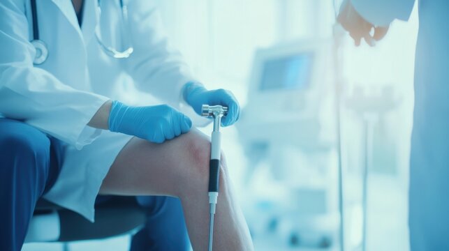 A detailed view of a healthcare worker using a reflex hammer to test a patient&rsquo;s reflexes in a bright medical setting, macro shot, Minimalist style