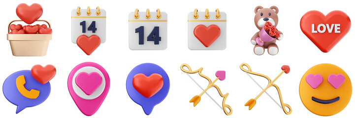 3d valentines day love heart romance present gift box 14 february icon set bundle illustration