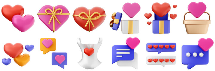 3d valentines day love heart romance present gift box 14 february icon set bundle illustration