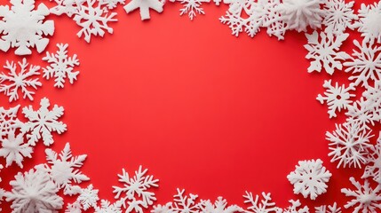 Festive winter background with a frame of delicate snowflakes on red surface