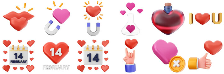 3d valentines day love heart romance present gift box 14 february icon set bundle illustration