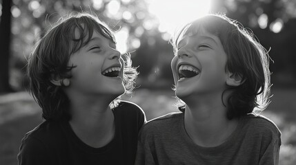 Monochrome portrayal of siblings sharing unrestrained laughter in natural light