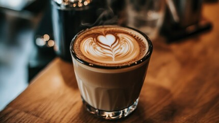 Close-up of a steaming latte with a delicate heart design on wooden table