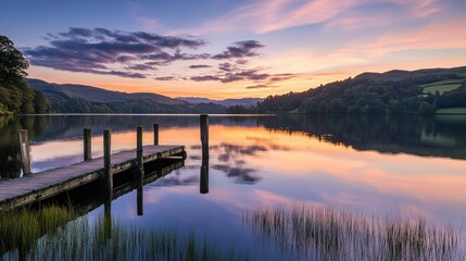Serene twilight reflections over tranquil lake with rustic wooden pier