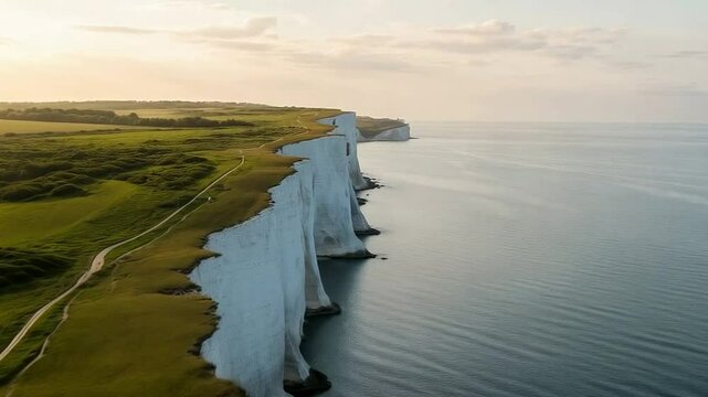 White cliffs meet the sea with green fields under a soft sky at seven sisters