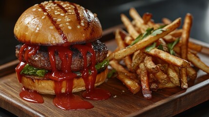 Delicious sesame seed burger with fries smothered in vibrant tomato sauce