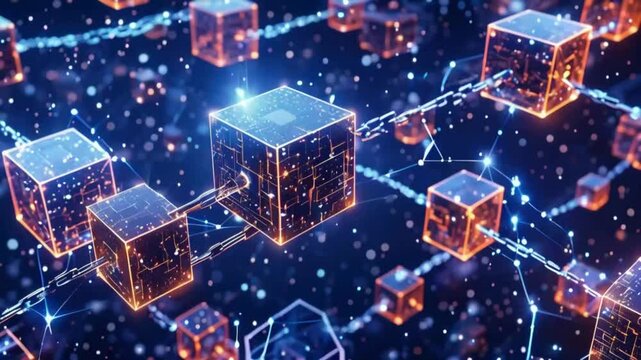 A digital rendering of a blockchain concept featuring multiple cubes connected by chains in a dark and starry background.