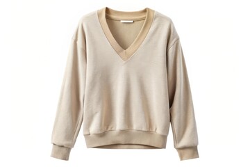 Neutral-toned V-neck sweatshirt with ribbed cuffs and hem, showcasing a relaxed fit and soft texture, ideal for casual wear