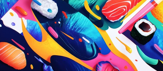 Dynamic Pop Art Composition Featuring Sushi and Vivid Abstract Elements