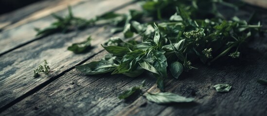 Fresh basil leaves gracefully arranged on rustic wood, evoking natural simplicity