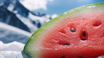 Surreal juxtaposition: Watermelon slice on icy landscape with mountain backdrop
