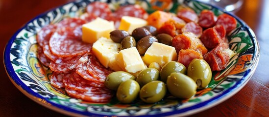 Delectable charcuterie board with savory salami, aged cheese and fresh olives